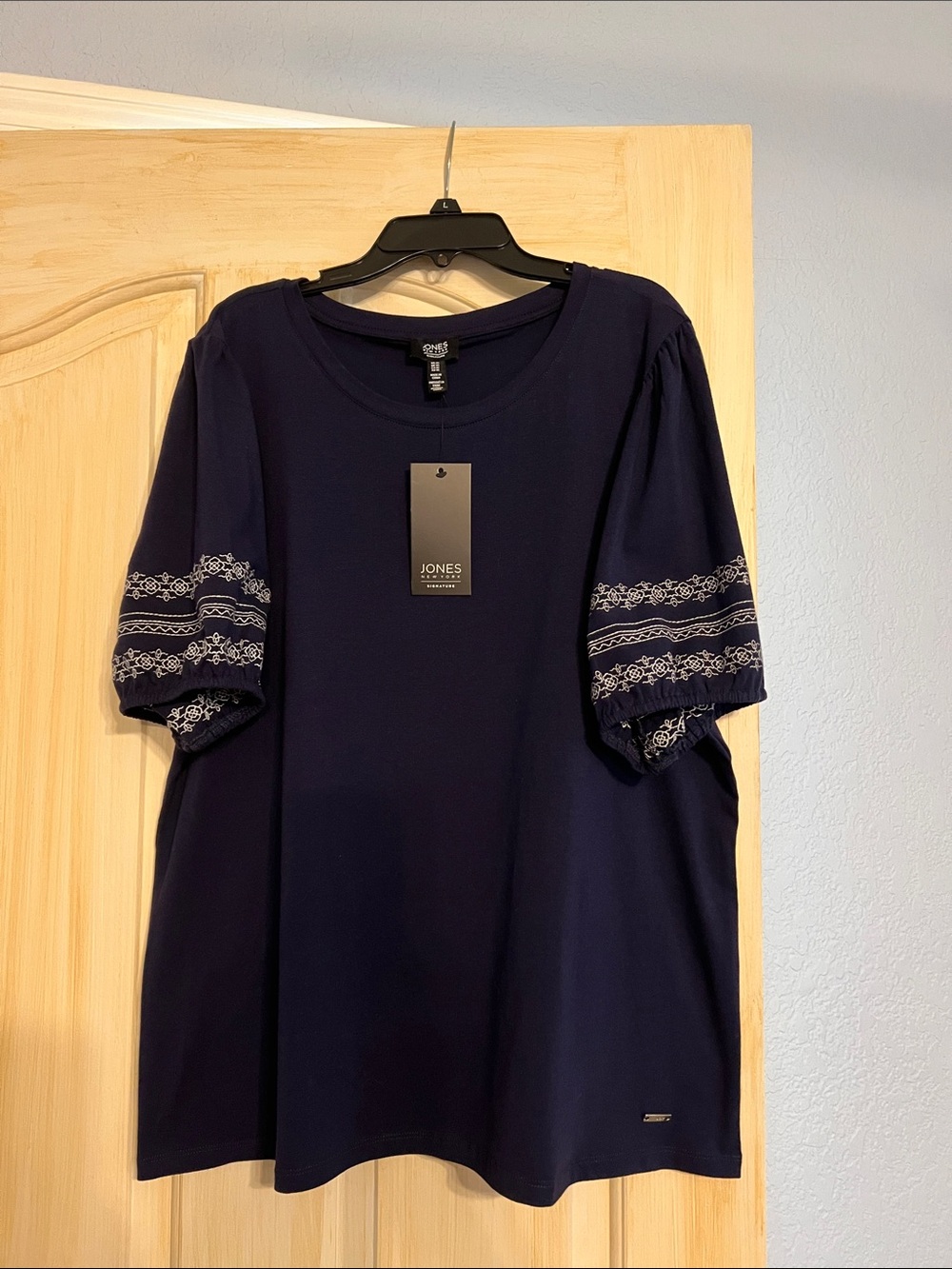 Jones New York Navy Tee with Embroidered Puff Sleeves